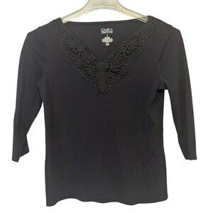 Croft & Barrow Size Small Womens Lace V Neck Black Long Sleeve Cotton Top